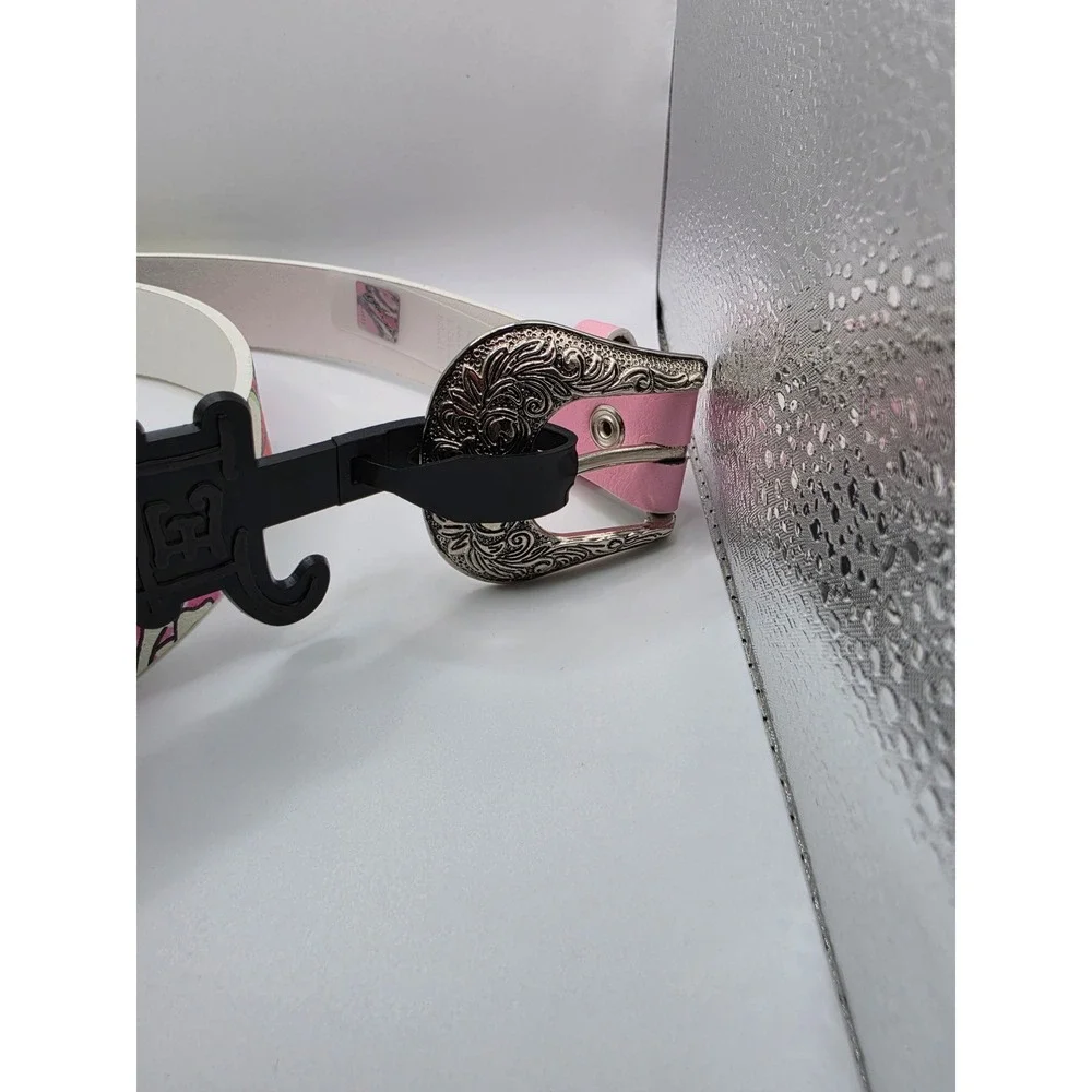Ed Hardy Pink Graphic Leather Belt Rhinestone Studded Silver Buckle S/M NWT Y2K